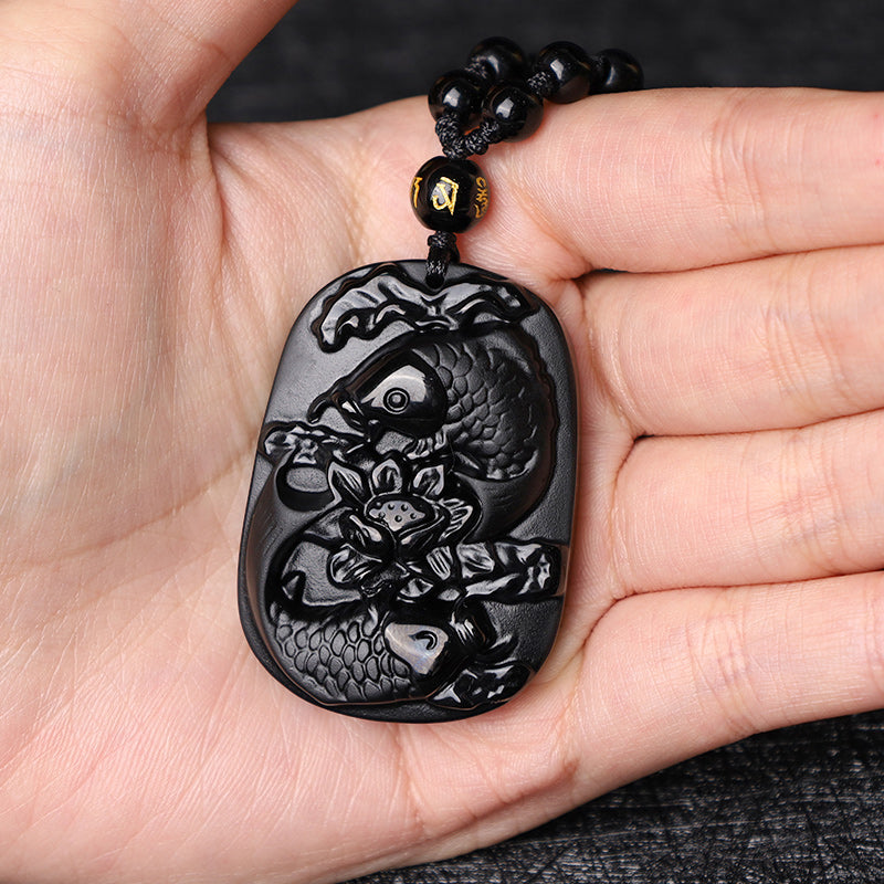 Collier Lotus & Carpe Koï en Obsidienne Noire Naturelle