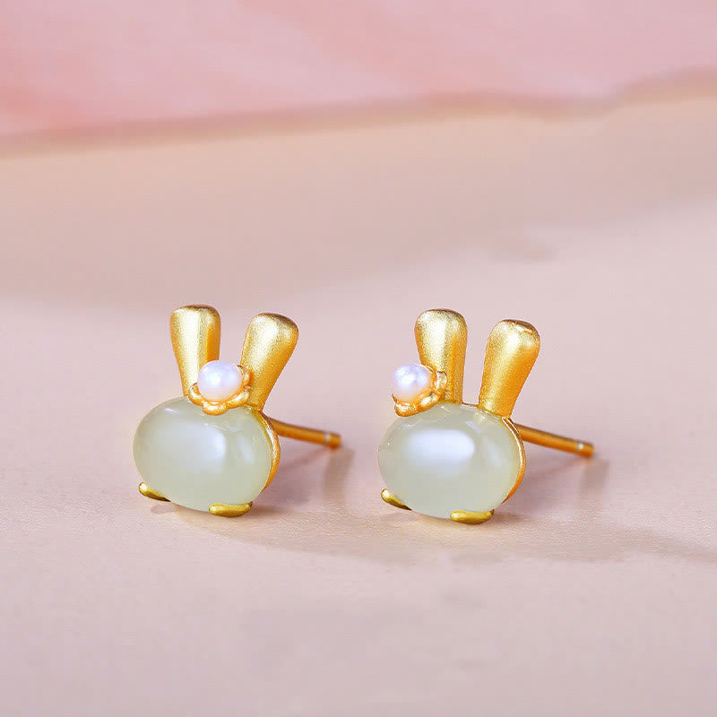 Boucles d’Oreilles Lapin en Jade Hetian Naturel & Perles – Argent 925
