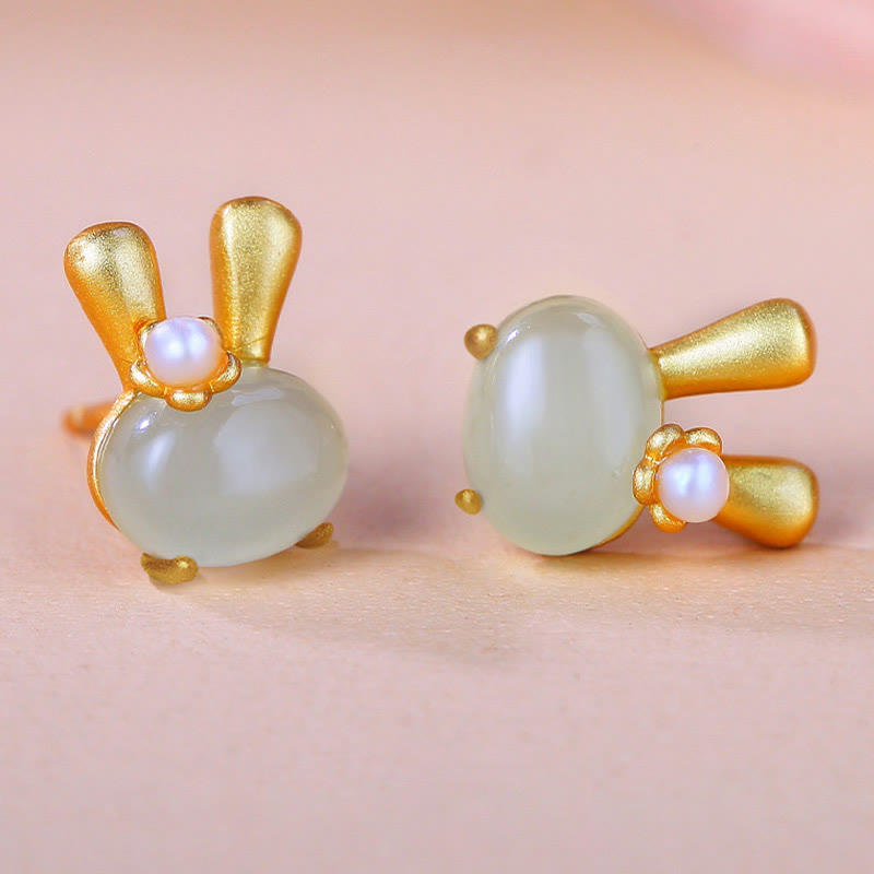 Boucles d’Oreilles Lapin en Jade Hetian Naturel & Perles – Argent 925