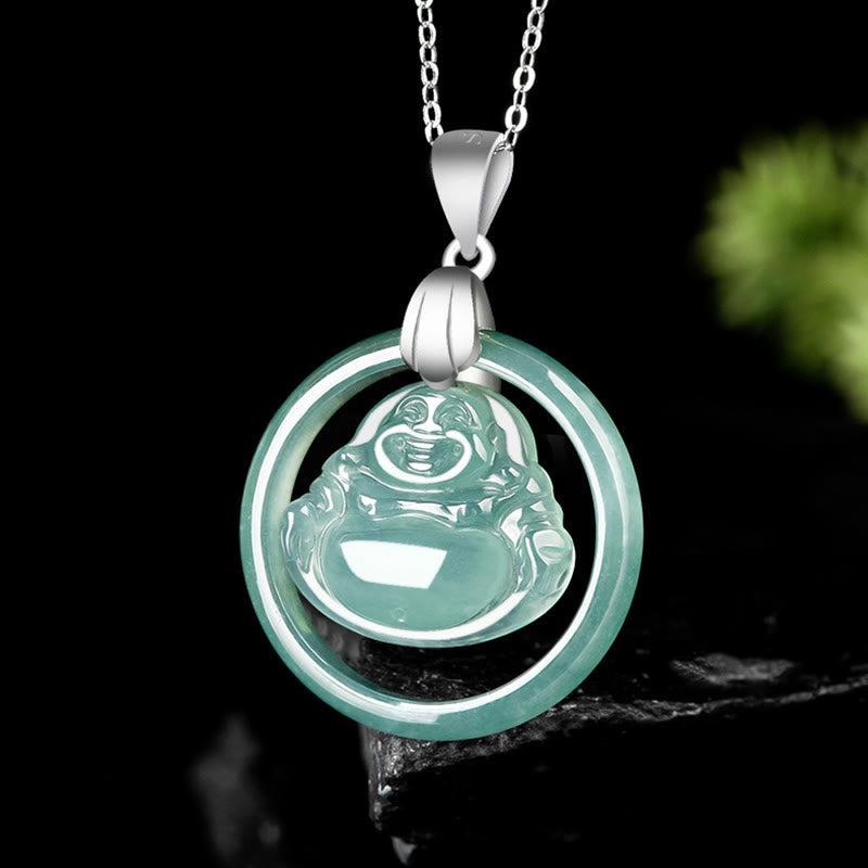 Collier Bouddha Rieur en Jade Naturel et Argent 925