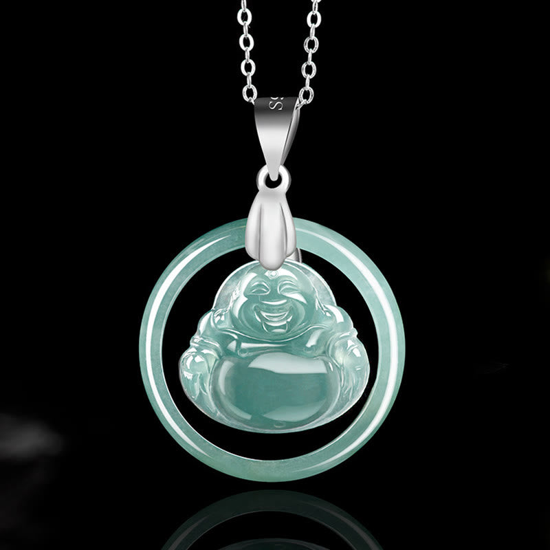Collier Bouddha Rieur en Jade Naturel et Argent 925