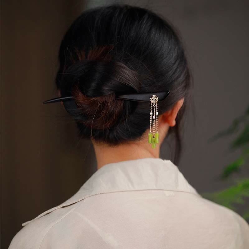 Pic à Cheveux Péridot & Ébène Pampilles 18cm