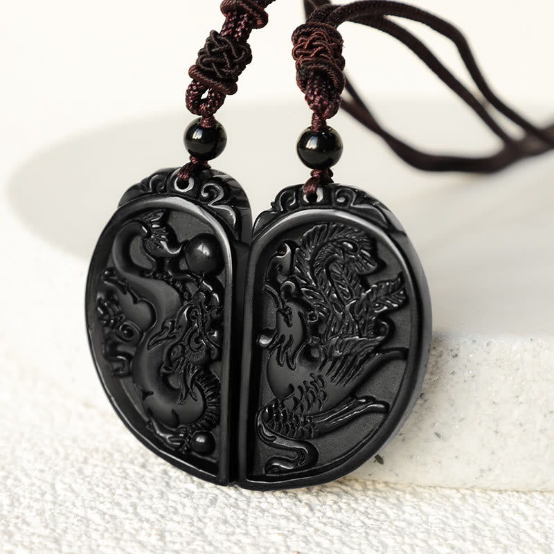 Collier Dragon & Phénix en Obsidienne Noire Naturelle