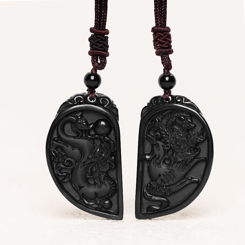 Collier Dragon & Phénix en Obsidienne Noire Naturelle