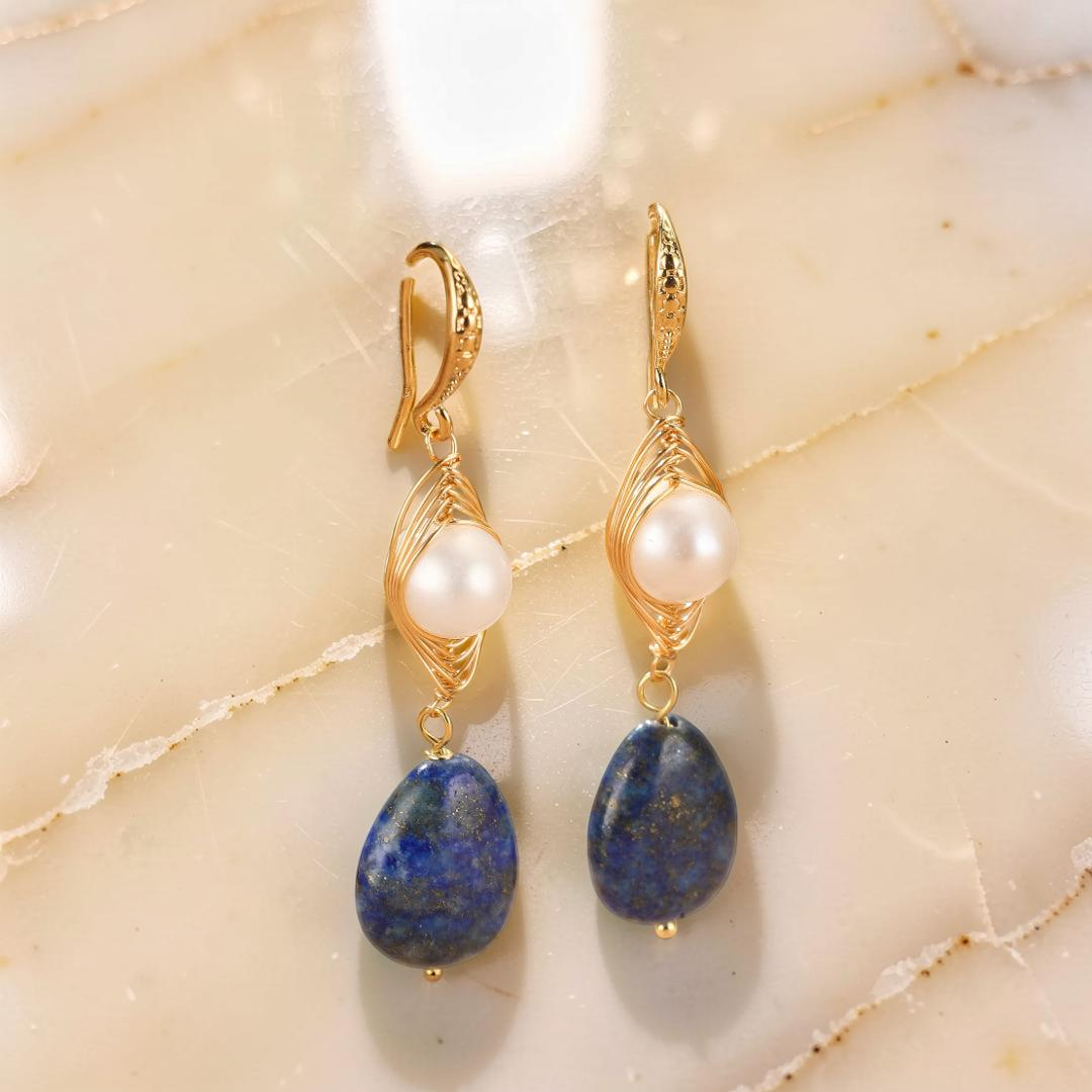 Boucles d'Oreilles Perles et Lapis Lazuli - Blanc et Bleu