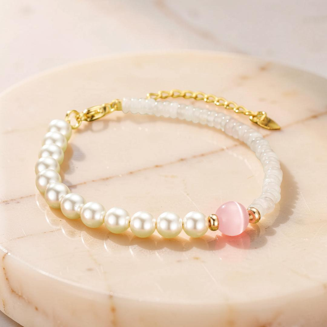 Bracelet Quartz Rose et Perles – Douceur Féline