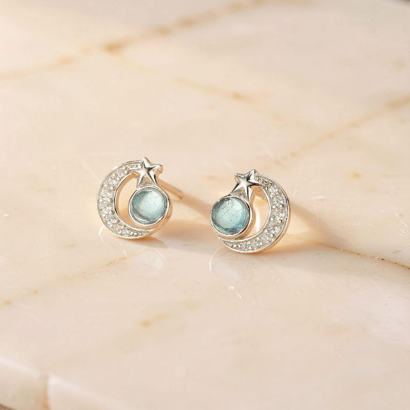 Boucles d'oreilles Aigue marine – Étoile Lunaire, Argent
