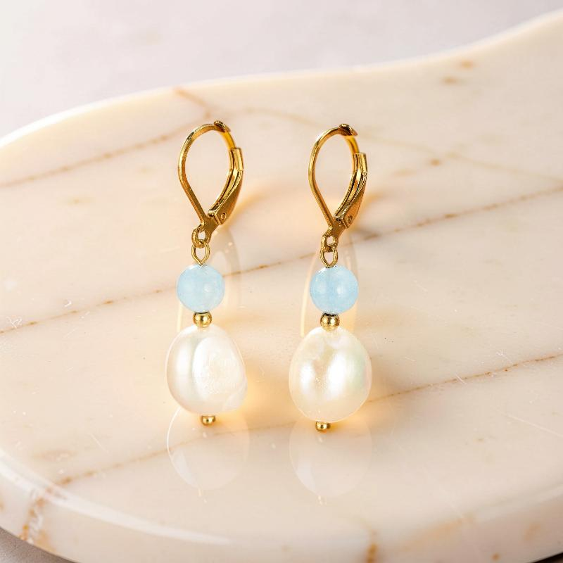 Boucles d'oreilles Aigue marine et Perle – Pure Lumière