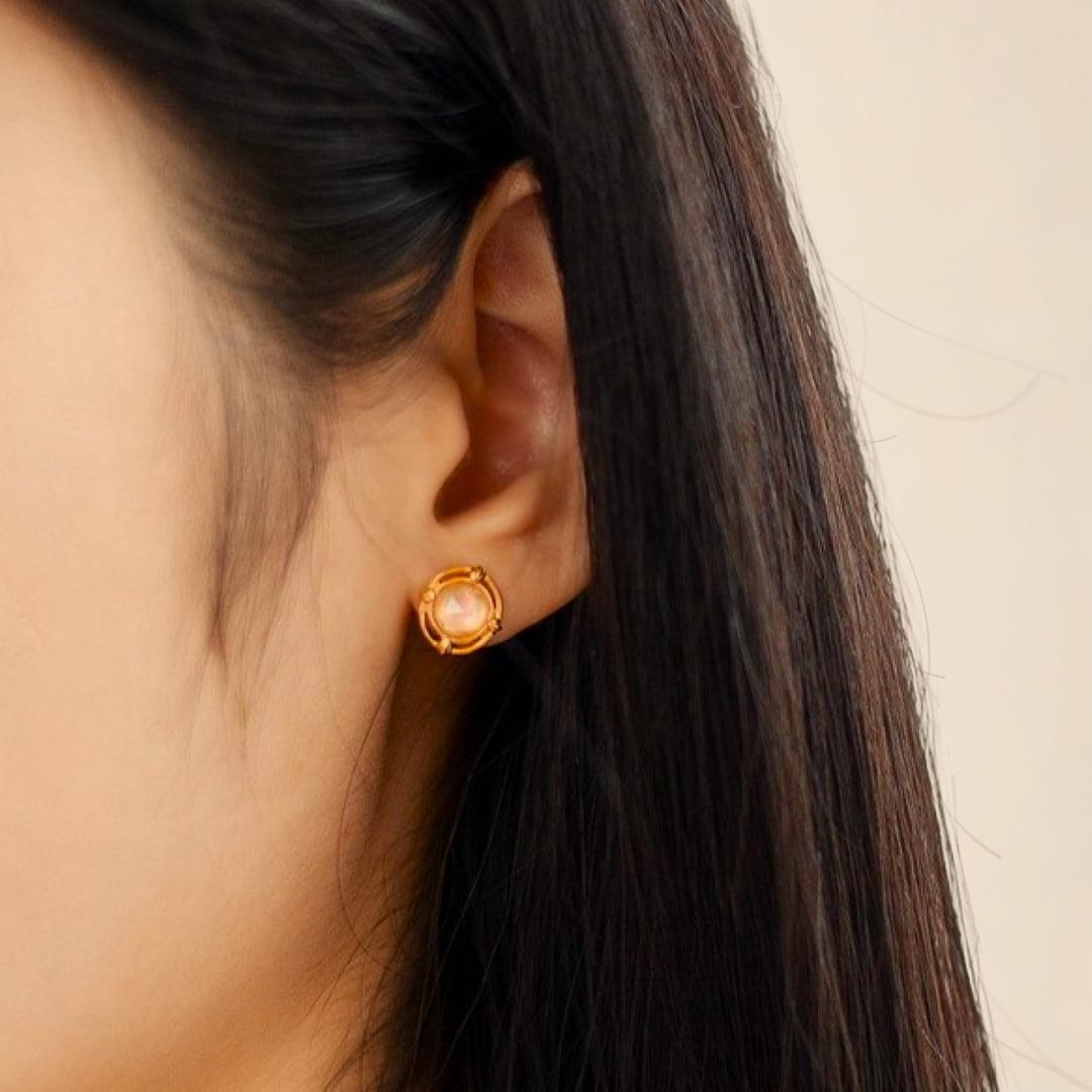 Boucles d'oreilles Quartz Rose – Aura Radieuse, Argent Plaqué Or 10K
