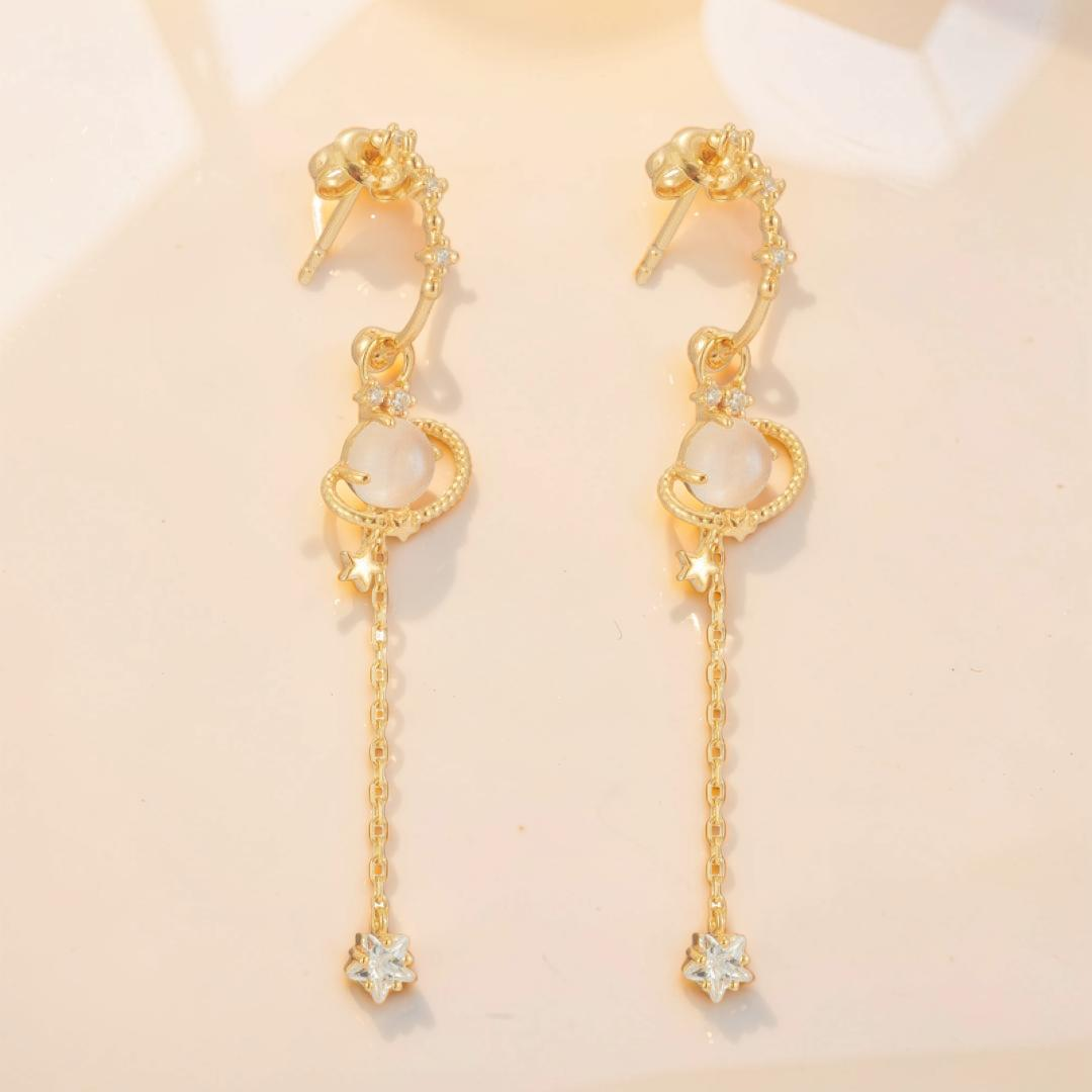 Boucles d’Oreilles Quartz Rose – Galaxie Intérieure, Argent Plaqué Or 14K