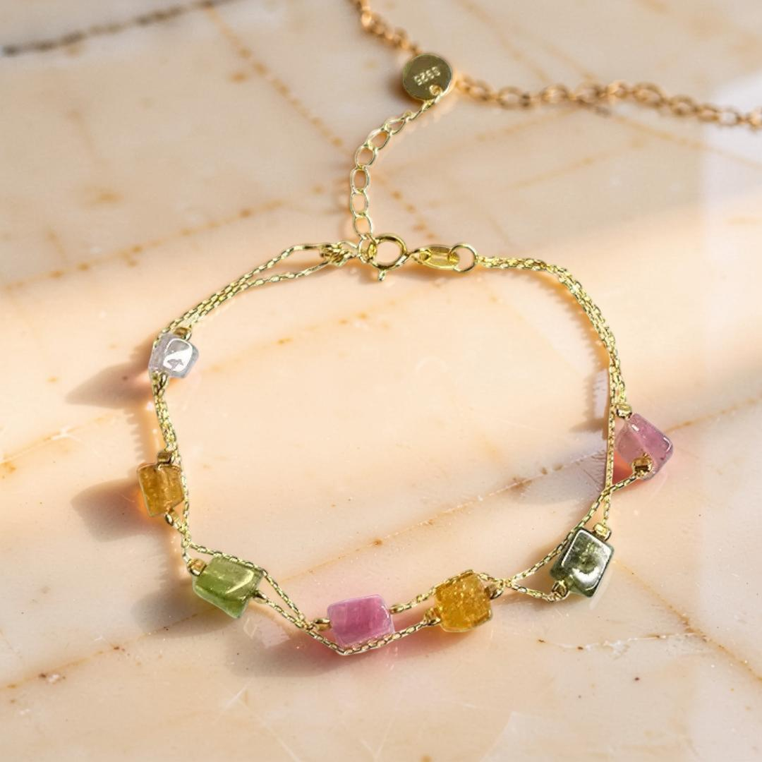 Bracelet Tourmaline – Cristaux Bruts, Argent Plaqué Or