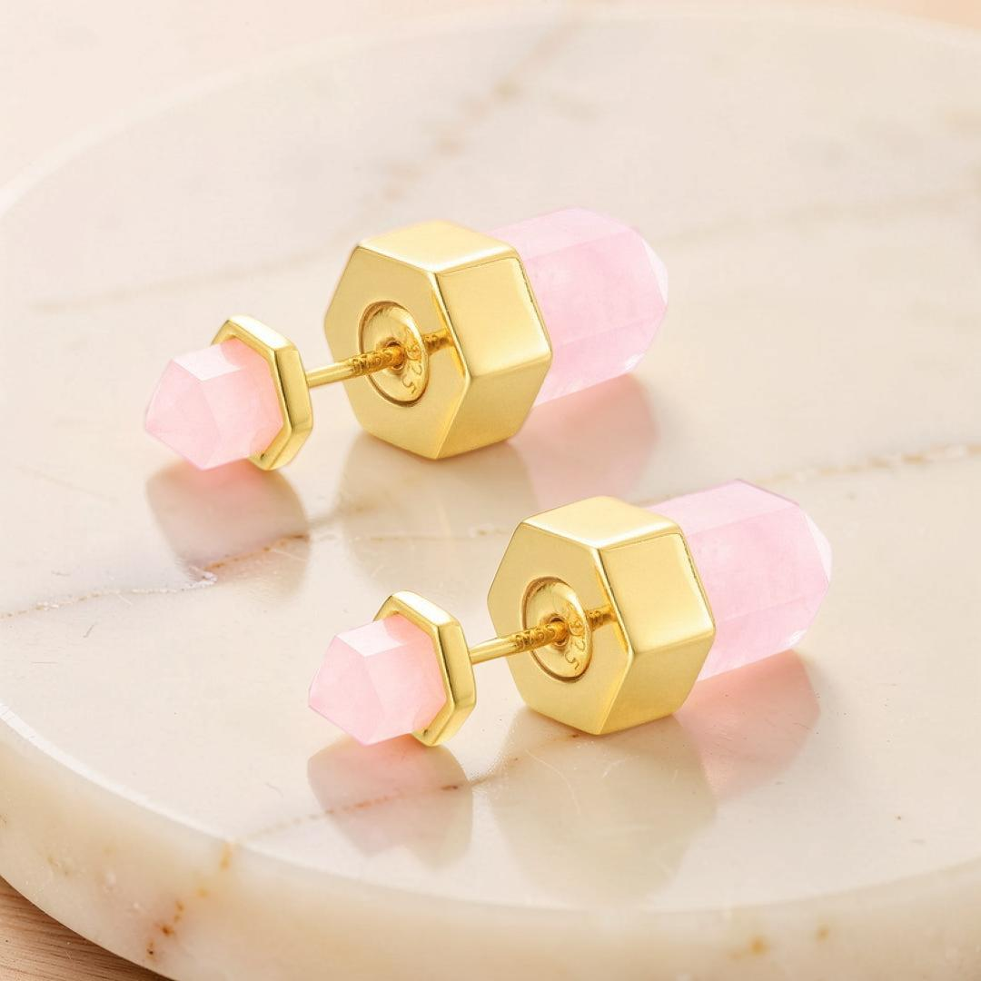 Boucles d’oreilles Quartz Rose – Point de Lumière, Argent Plaqué Or 10K