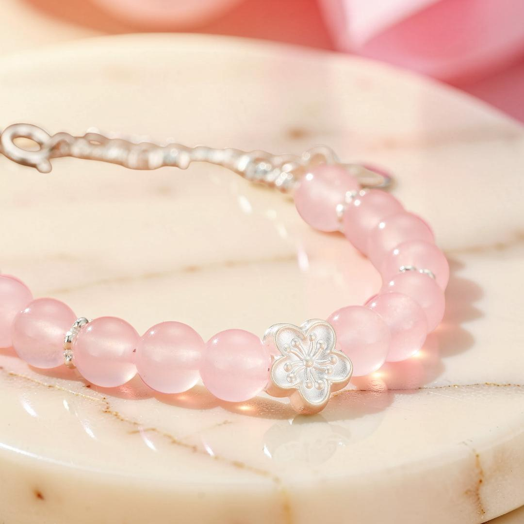 Bracelet Quartz Rose – Fleur de Sakura, Argent