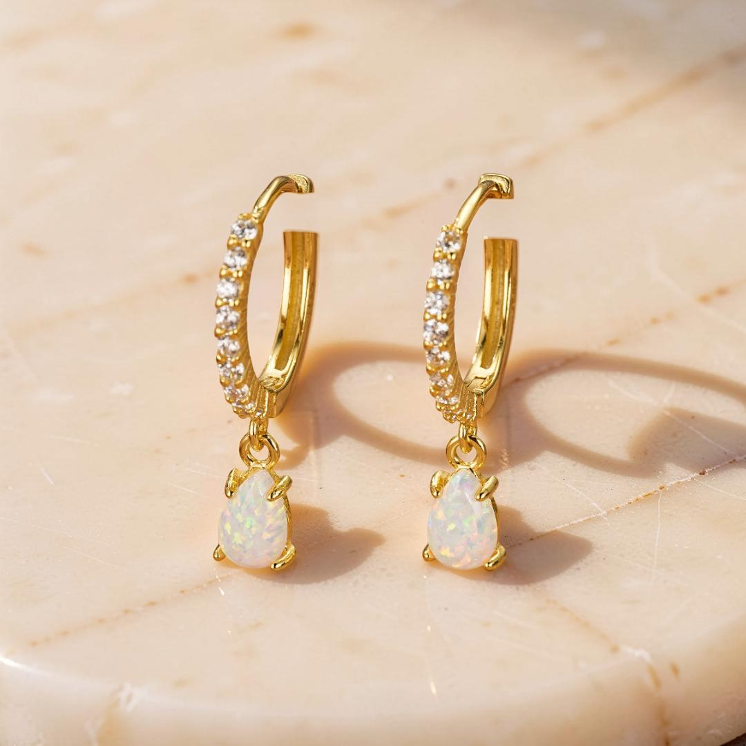 Boucles d'oreilles Opale – Goutte Solaire, Argent Plaqué Or