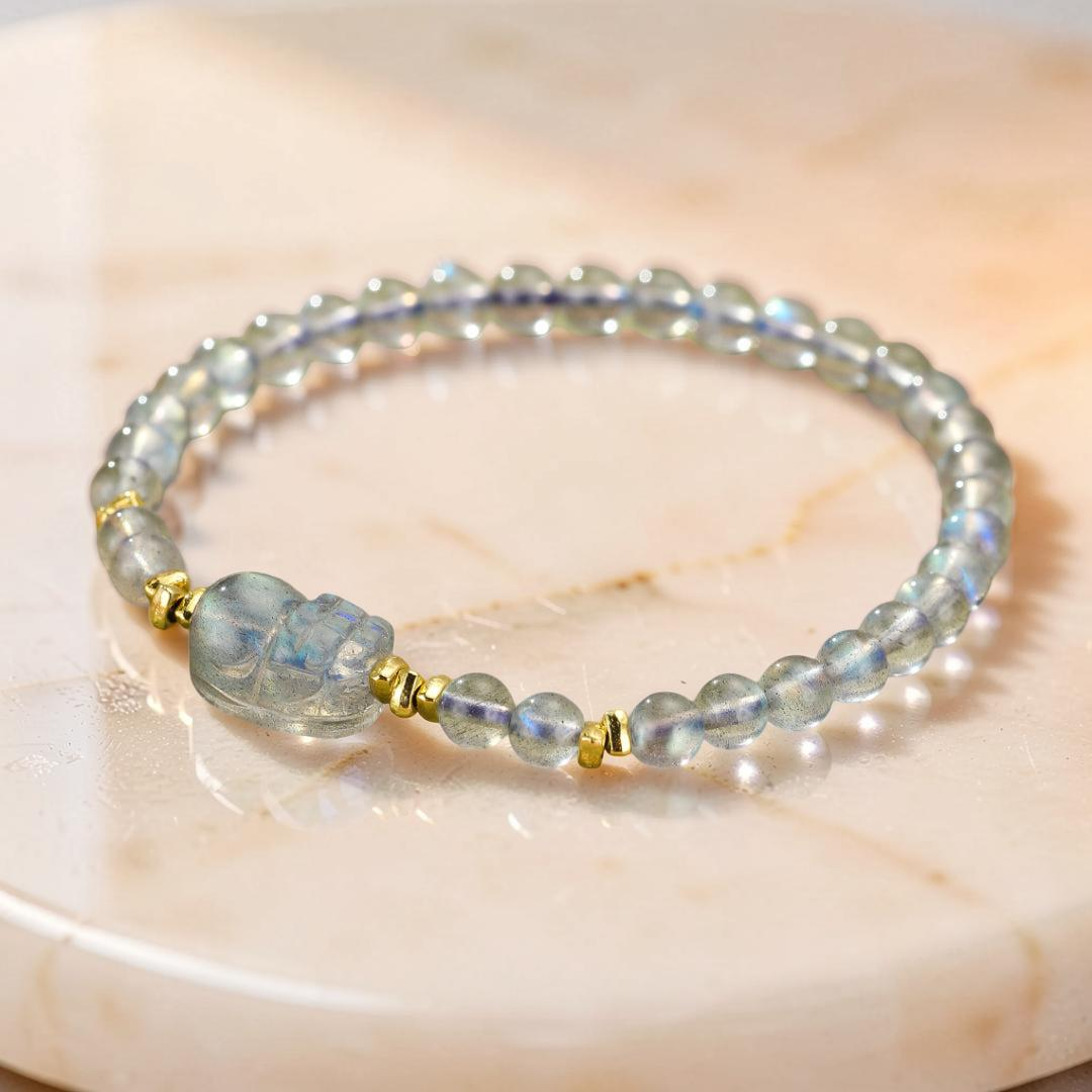 Bracelet Pi Xiu Pierre de Lune et Labradorite – Magie Nocturne, Argent Plaqué Or