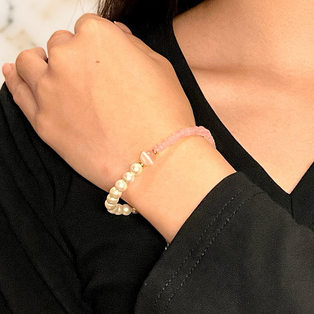 Bracelet Quartz Rose et Perles – Douceur Féline
