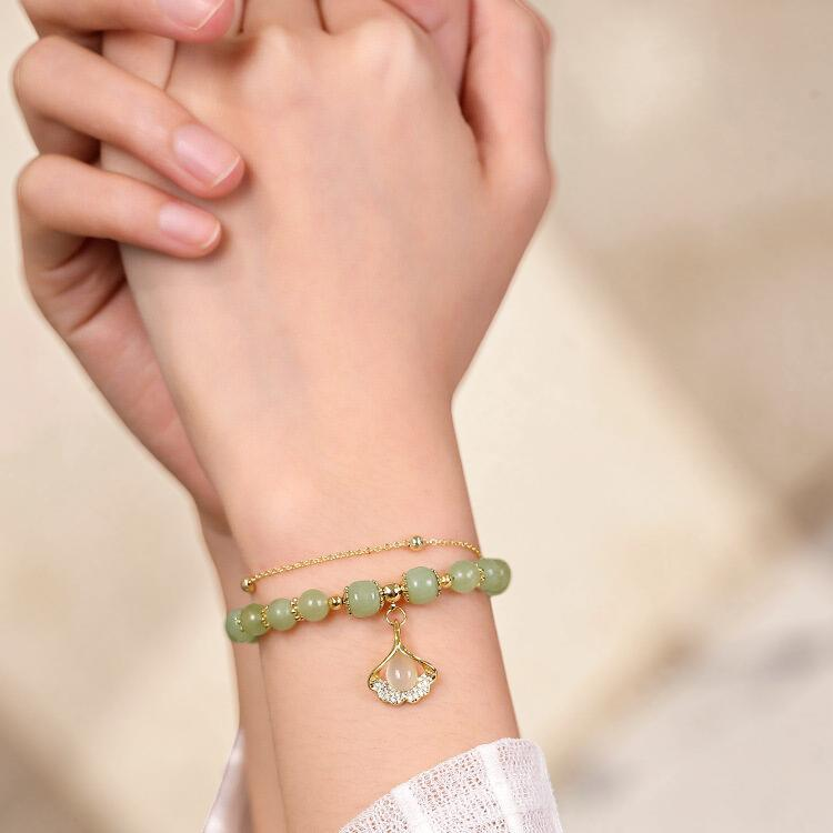Bracelet Jade – Feuille Ginkgo, Argent Plaqué Or
