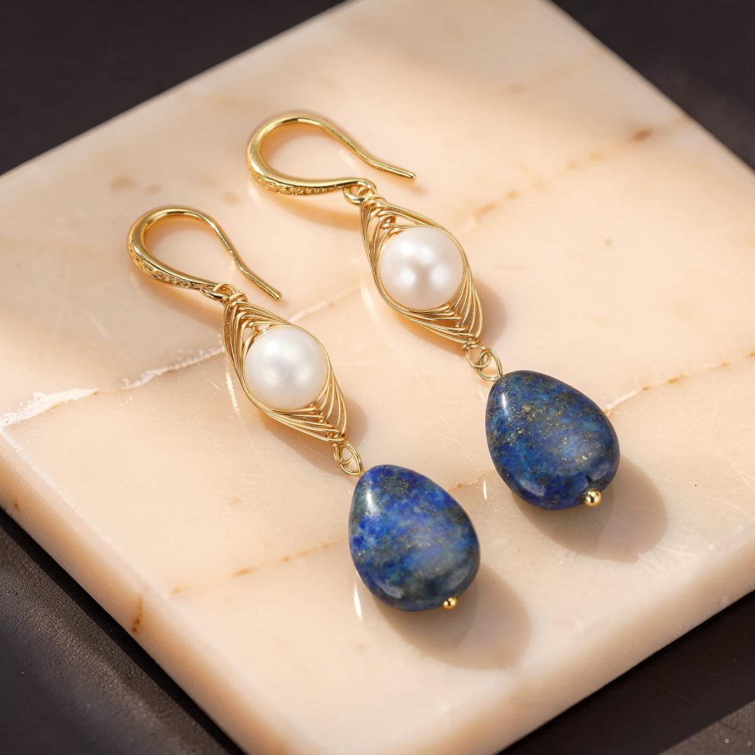 Boucles d'Oreilles Perles et Lapis Lazuli - Blanc et Bleu