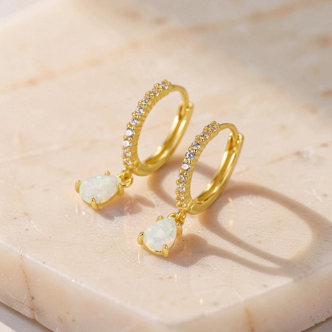 Boucles d'oreilles Opale – Goutte Solaire, Argent Plaqué Or