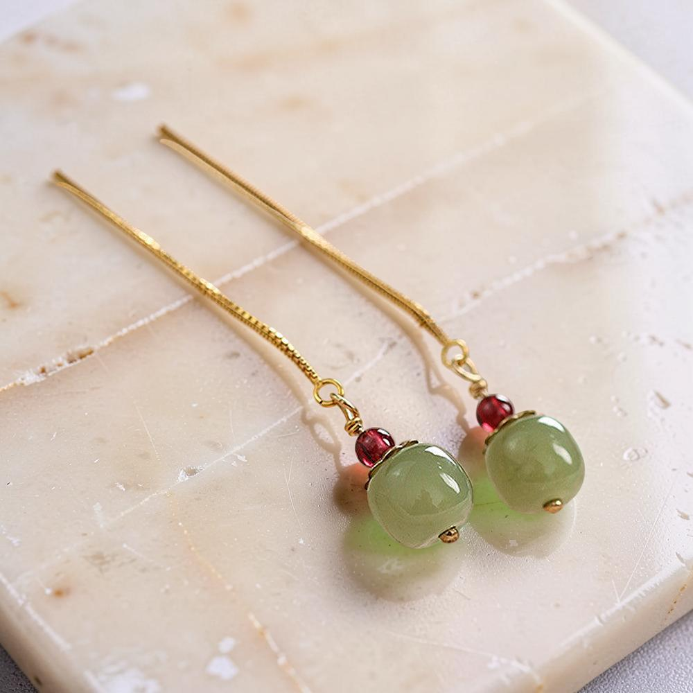 Boucles d’Oreilles Jade et Agate – Fruit, Argent Plaqué Or
