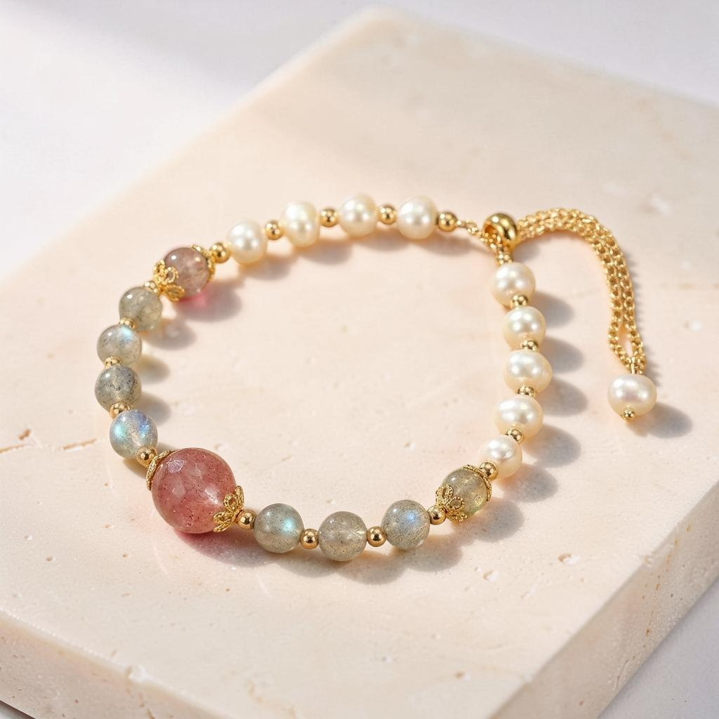 Bracelet Labradorite, Perle et Quartz Fraise – Aura Lumineuse