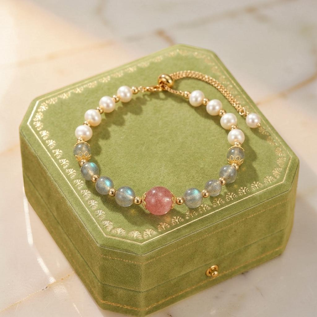 Bracelet Labradorite, Perle et Quartz Fraise – Aura Lumineuse