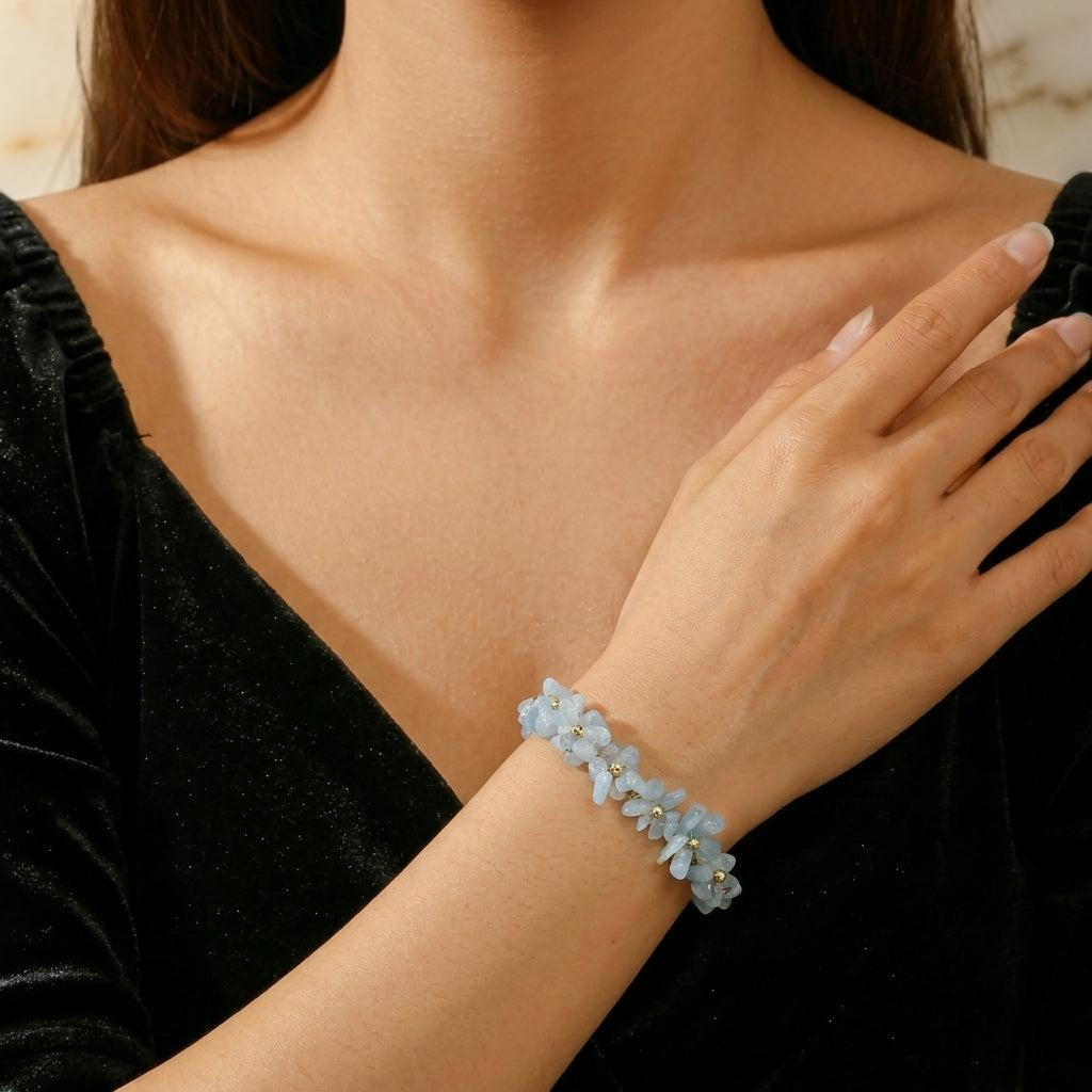 Bracelet Aigue-Marine et Perle – Éclat Aquatique, Laiton plaqué or 14K