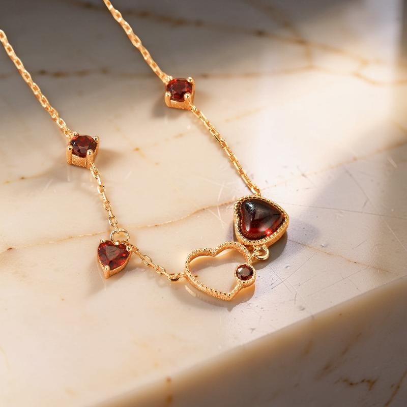 Bracelet Grenat – Cœur Passionné, Argent Plaqué Or 14K