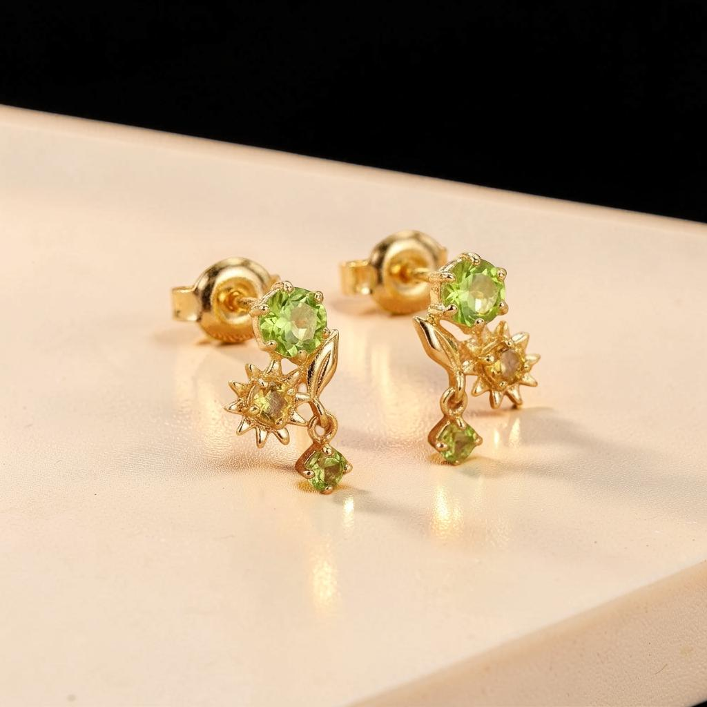 Boucles d'Oreilles Péridot et Citrine – Fleur Ensoleillée, Argent Plaqué Or