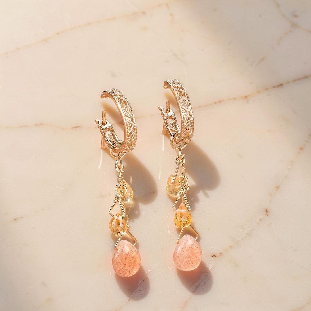 Boucles d'Oreilles Pierre de Soleil et Citrine – Rayons Bohèmes, Argent Plaqué Or