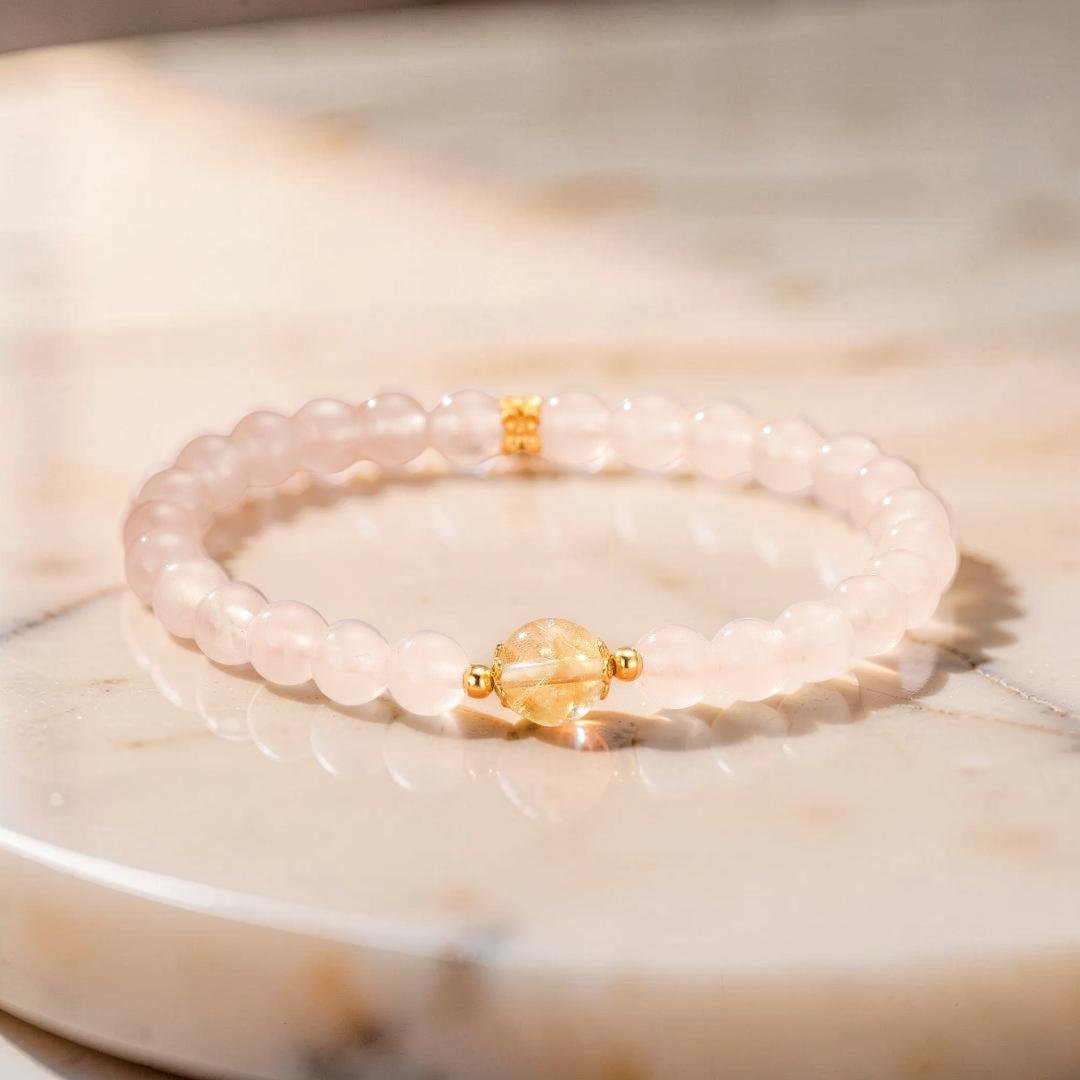 Bracelet Quartz Rose et Citrine – Équilibre Radieux, Argent Plaqué Or