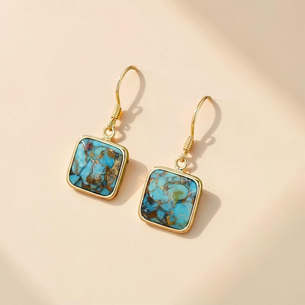 Boucles d'Oreilles Turquoise – Fragments de Ciel, Argent Plaqué Or