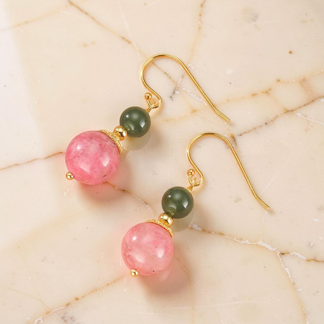 Boucles d’Oreilles Rhodonite et Jade – Duo Bien-Être
