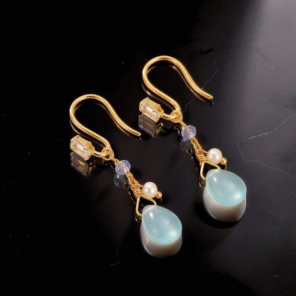 Boucles d'Oreilles Topaze et Perle – Allure Marine, Argent Plaqué Or