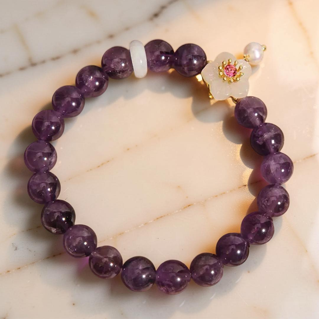 Bracelet Améthyste, Jade et Perle – Fleur de Sérénité