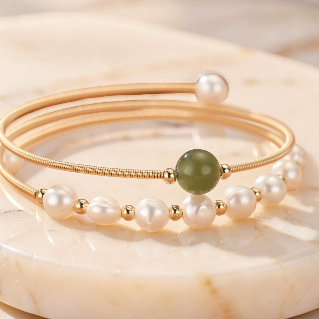 Bracelet Jade Néphrite et Perle – Élégance Pure