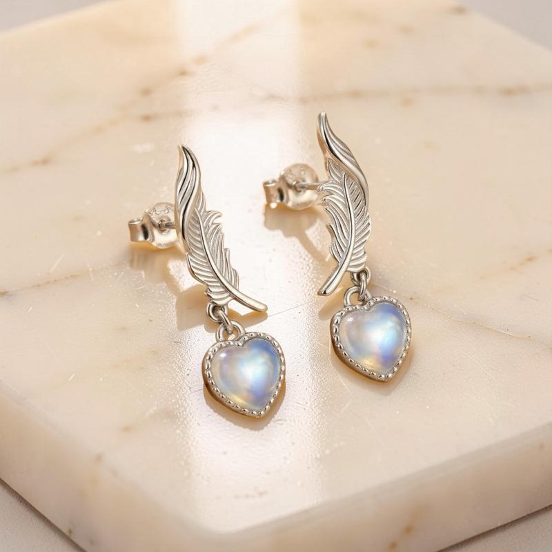 Boucles d'Oreilles Pierre de Lune – Plume Céleste, Argent
