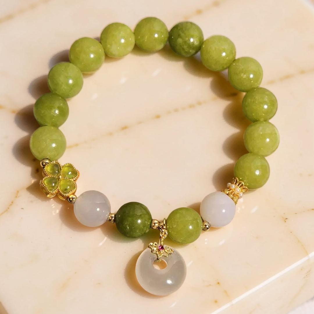 Bracelet Tourmaline Verte et Jade – Trèfle Porte-Chance