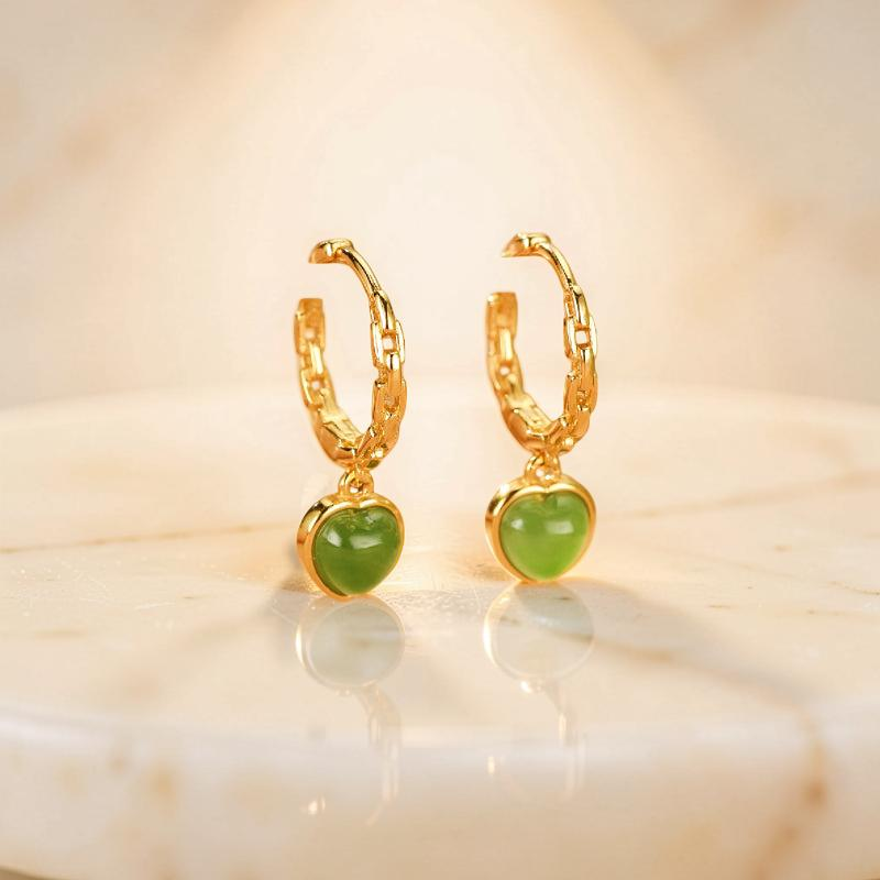 Boucles d'Oreilles Jade – Cœur de Sérénité, Argent Plaqué Or