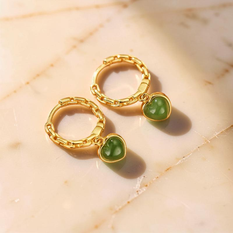 Boucles d'Oreilles Jade – Cœur de Sérénité, Argent Plaqué Or