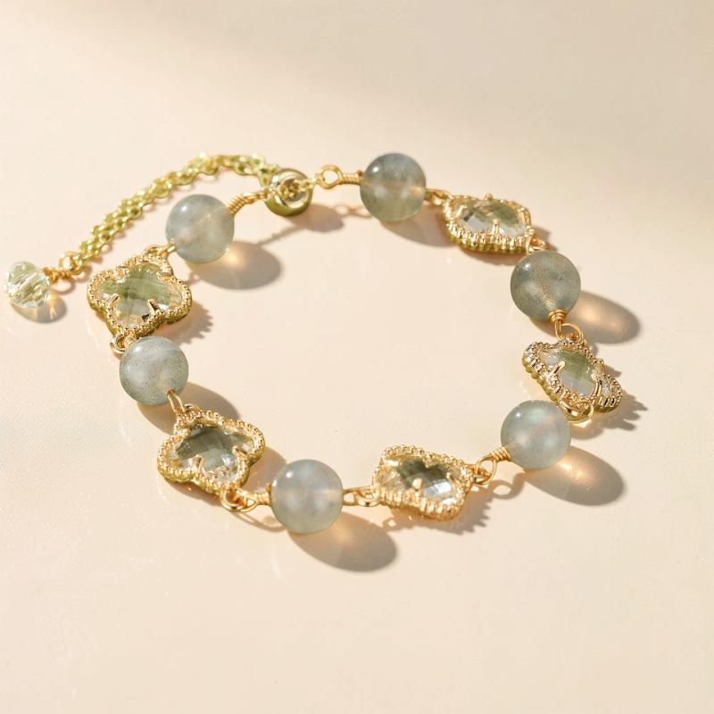 Bracelet Labradorite et Cristal de Roche – Trèfle Porte-Bonheur