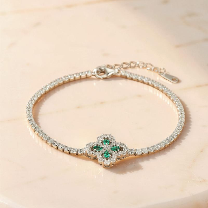 Bracelet Émeraude Trèfle – Chance Étincelante, Argent