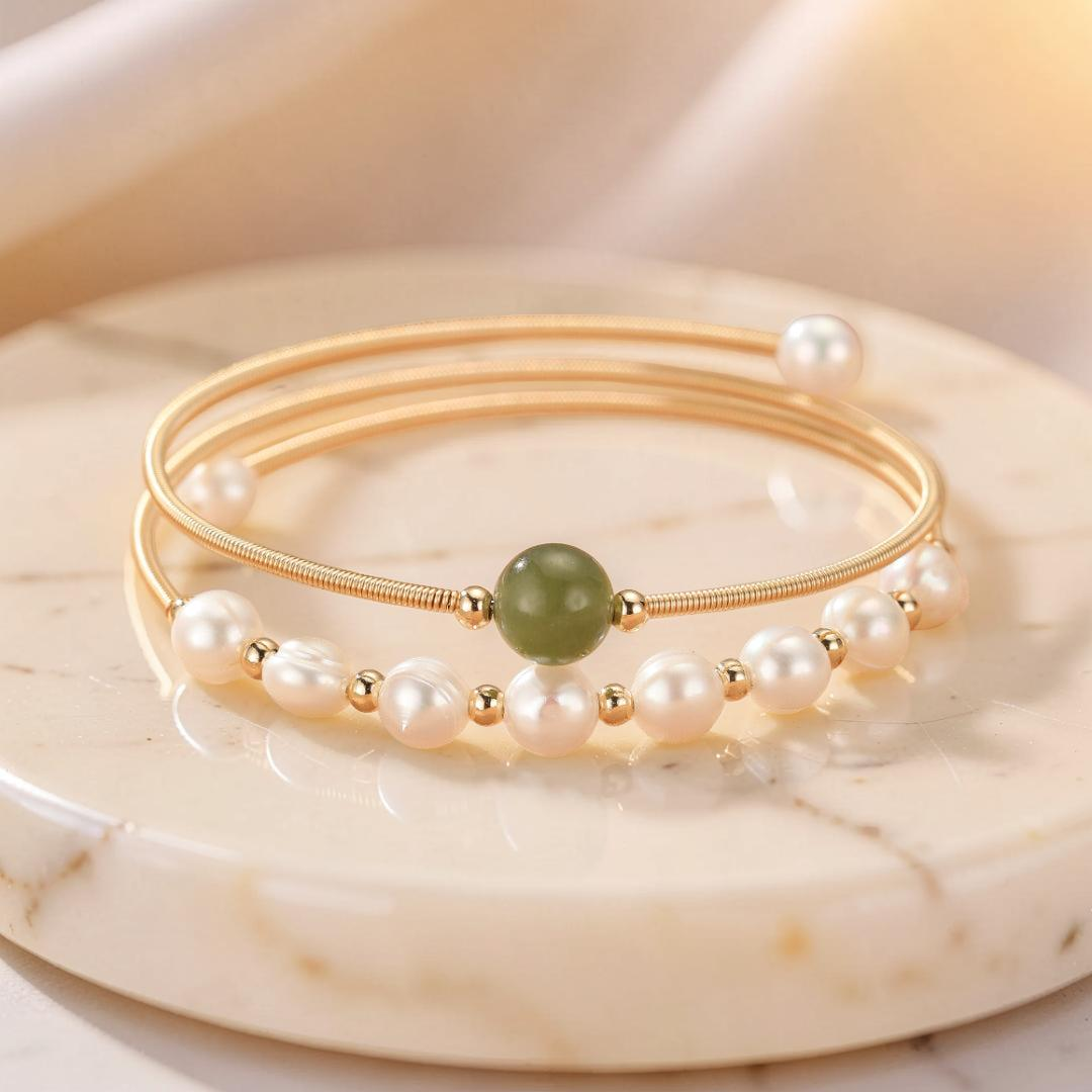 Bracelet Jade Néphrite et Perle – Élégance Pure