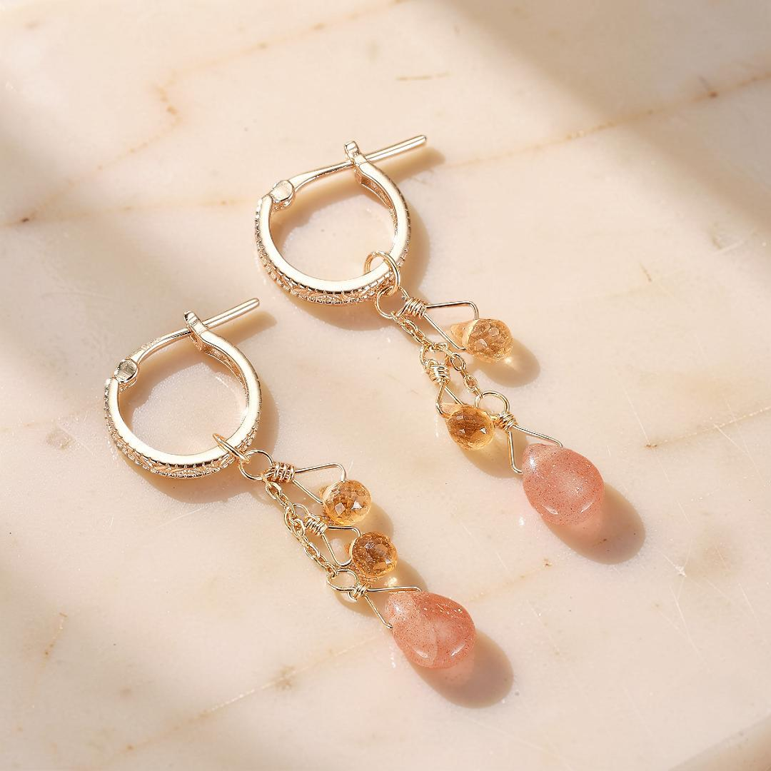 Boucles d'Oreilles Pierre de Soleil et Citrine – Rayons Bohèmes, Argent Plaqué Or