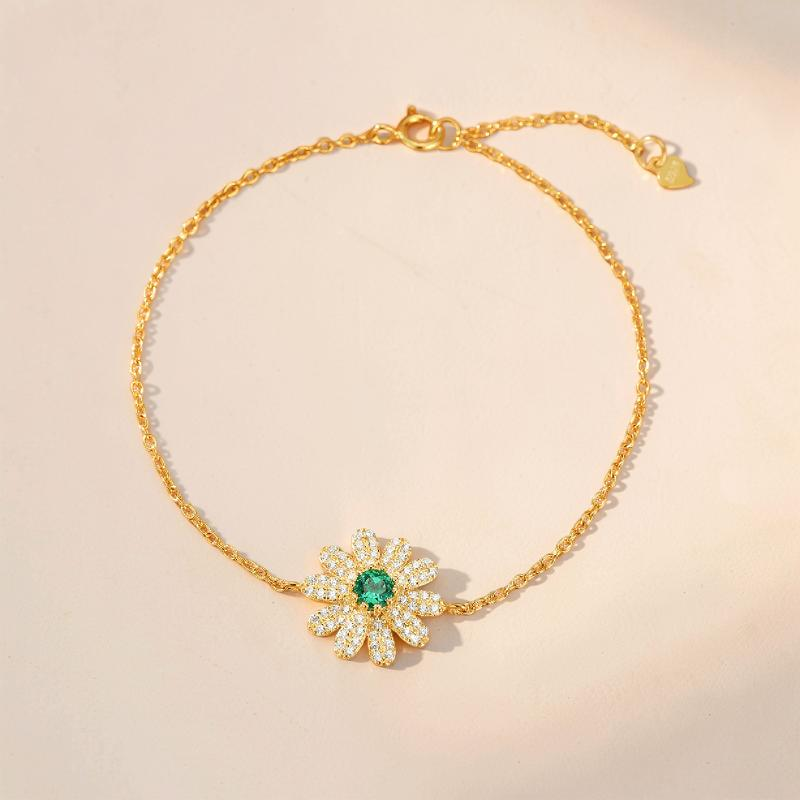 Bracelet Émeraude – Fleur Éclatante, Argent Plaqué Or 18K