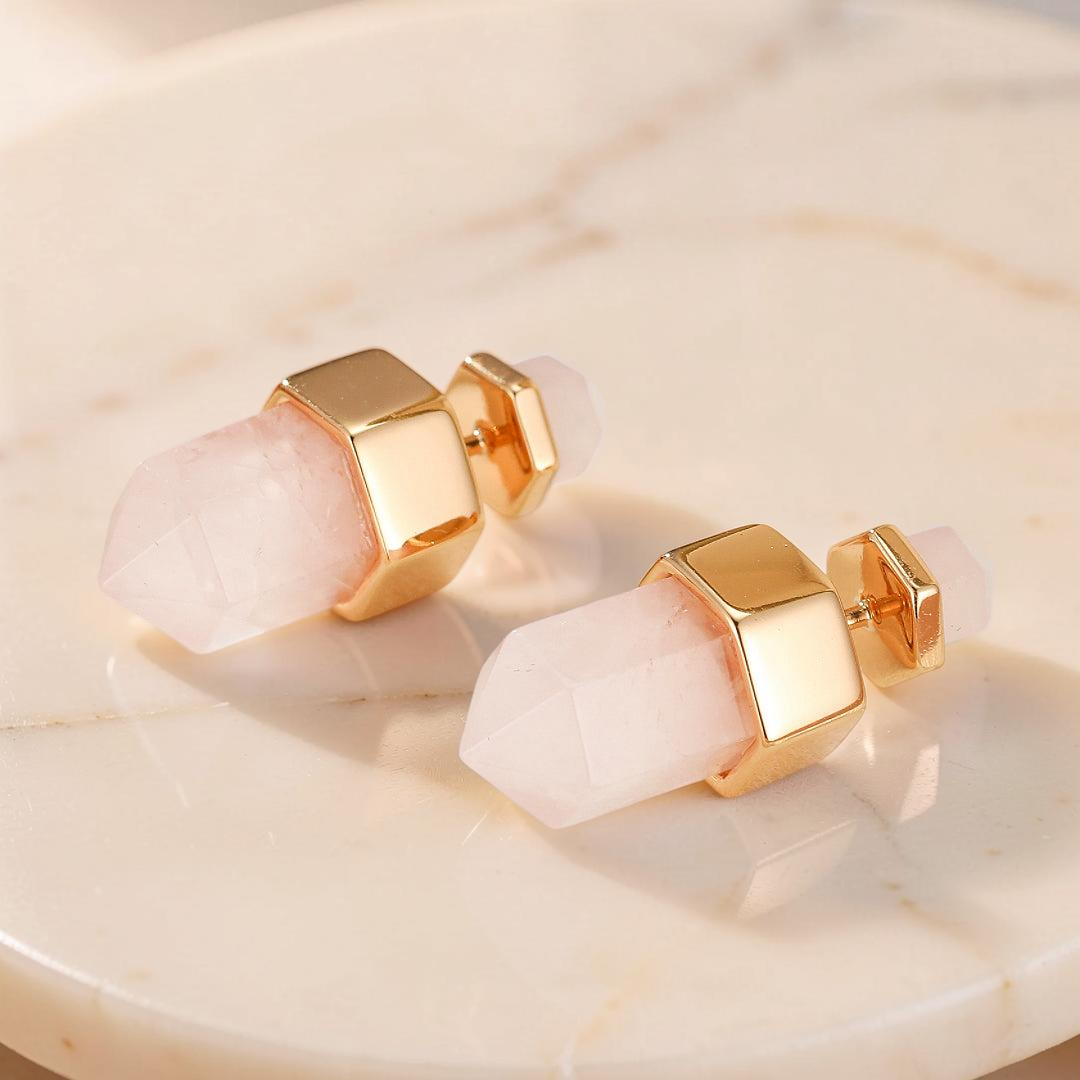 Boucles d’oreilles Quartz Rose – Point de Lumière, Argent Plaqué Or 10K