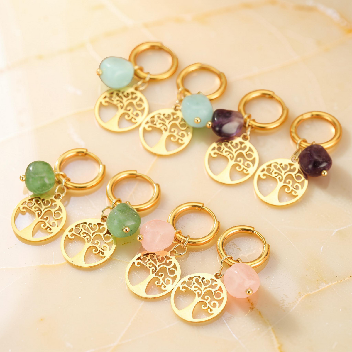 Boucles d'Oreilles Pierres Naturelles et Arbre de Vie – Vie Sereine