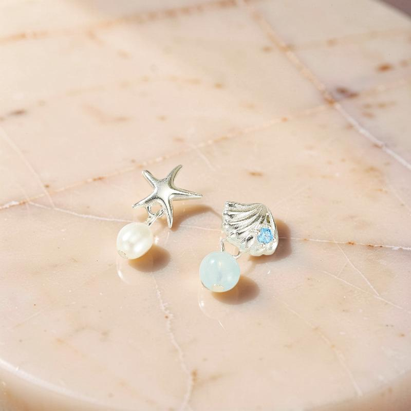 Boucles d'oreilles Aigue marine et Perle – Étoile de l'Océan, Argent