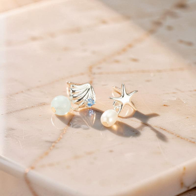 Boucles d'oreilles Aigue marine et Perle – Étoile de l'Océan, Argent
