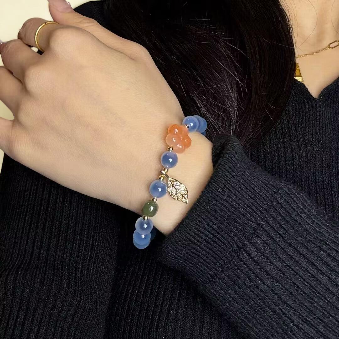 Bracelet Agate Bleue – Feuille Dorée